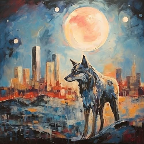 Malen nach Zahlen Erwachsene,DIY Handgemalt Ölgemälde Kit, Mit 3 Pinseln und Acrylfarbe leinwand Kit,40x40 cm,Stadt und Wolf，,Mit Rahmen von WANGXIAO