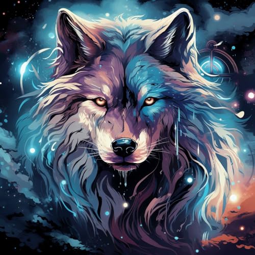 Malen nach Zahlen Erwachsene,DIY Handgemalt Ölgemälde Kit, Mit 3 Pinseln und Acrylfarbe leinwand Kit,40x40 cm,Wolfsgott, buntes Universum，,Mit Rahmen von WANGXIAO
