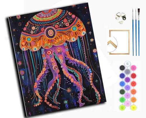 Malen nach Zahlen Erwachsene,DIY Handgemalt Ölgemälde Kit,Paint by Numbers Adult Mit 3,Pinseln und Acrylfarbe leinwand Kit,40x50 cm,Mandala Blume bunte Quallen,mit Rahmen von WANGXIAO
