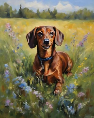 Malen nach Zahlen Erwachsene,DIY Handgemalt Ölgemälde Kit,Paint by Numbers Adult Mit 3,Pinseln und Acrylfarbe leinwand Kit,40x50 cm,Präriehund Dackel,ohne Rahmen von WANGXIAO