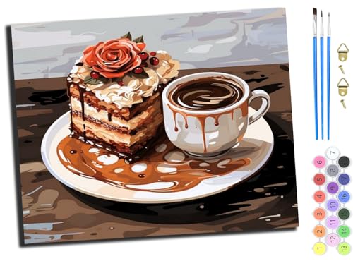 Malen nach Zahlen Erwachsene,DIY Handgemalt Ölgemälde Kit,Paint by Numbers Adult Mit 3,Pinseln und Acrylfarbe leinwand Kit,40x50 cm,Romantischer Nachmittagstee Schokoladenkuchen Kaffee,ohne Rahmen von WANGXIAO