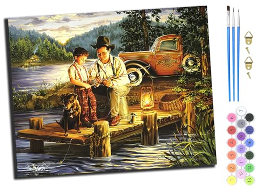 Malen nach Zahlen Erwachsene,Paint by Numbers,DIY Handgemalt Ölgemälde Mit 3,Pinseln und Acrylfarbe knitterfreie leinwand Kit,40x50 cm,Vater und Sohn haben Spaß beim Angeln am See,ohne Rahmen von WANGXIAO