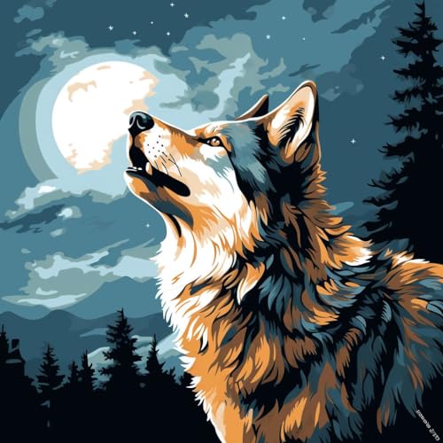 Malen nach Zahlen Erwachsene,Paint by Numbers,DIY Handgemalt Ölgemälde Mit 3 Pinseln und Acrylfarbe knitterfreie leinwand Kit,40x40 cm,Berg Wolf Mond，,Mit Rahmen von WANGXIAO