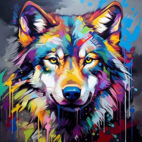 Malen nach Zahlen Erwachsene,Paint by Numbers,DIY Handgemalt Ölgemälde Mit 3 Pinseln und Acrylfarbe knitterfreie leinwand Kit,40x40 cm,Farbe Graffiti Tier Wolf，,Mit Rahmen von WANGXIAO