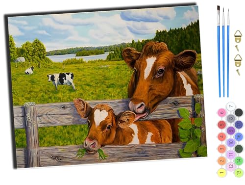 WANGXIAO DIY Ölgemälde Malen nach Zahlen Erwachsene Kinder,40x50cm Handgemalte Geschenke Zahlenmalerei ab 5 Öl Wandkunst Haus Dekoration malen，kuh tier wiese,mit Rahmen von WANGXIAO