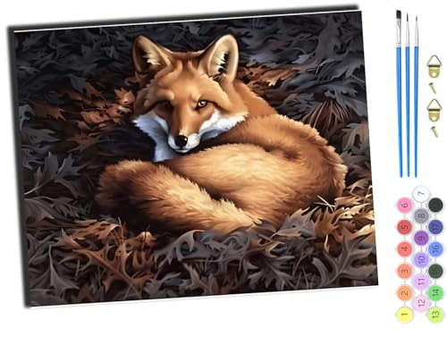 WANGXIAO Malen Nach Zahlen,DIY Handgemalt Ölgemälde,3 Pinseln und Vorgedruckt Leinwand，Ölgemälde,Festival Geschenk Home Deko，40x50cm,Fuchs Tier Schmetterling,ohne Rahmen von WANGXIAO