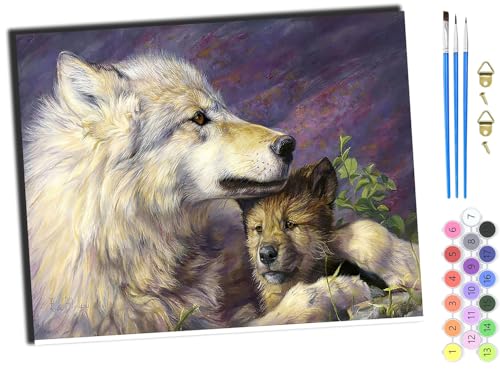 WANGXIAO Malen Nach Zahlen,DIY Handgemalt Ölgemälde,3 Pinseln und Vorgedruckt Leinwand，Ölgemälde,Festival Geschenk Home Deko，40x50cm,Tier Wolf und Wolfsbaby,mit Rahmen von WANGXIAO