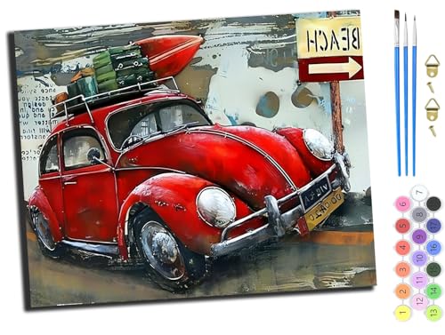 WANGXIAO Malen Nach Zahlen,DIY Handgemalt Ölgemälde,3 Pinseln und Vorgedruckt Leinwand，Ölgemälde,Festival Geschenk Home Deko，40x50cm,Urlaub Strand Retro Auto,ohne Rahmen von WANGXIAO