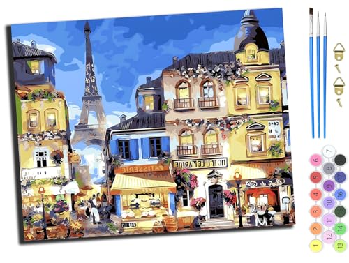 WANGXIAO Malen Nach Zahlen,DIY Handgemalt Ölgemälde,3 Pinseln und Vorgedruckt Leinwand，Ölgemälde,Festival Geschenk Home Deko，40x50cm,Warme Stadt,mit Rahmen von WANGXIAO
