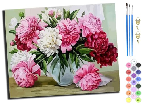 WANGXIAO Malen Nach Zahlen Erwachsene,DIY Handgemalt Ölgemälde Kit,Anfänger Kreativ Bastelset für Erwachsene und Mädchen Geschenk,16x20 inch,Pfingstrosenvase Landschaft,ohne Rahmen von WANGXIAO
