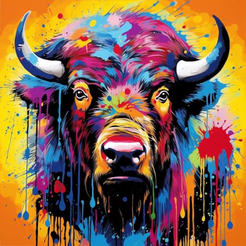 WANGXIAO Malen Nach Zahlen Erwachsene,DIY Handgemalt Ölgemälde Kit,inklusive Pinsel und Acrylfarben,40x40 cm,Bunte afrikanische Büffel-Splash-Graffiti-Kunst，,ohne Rahmen von WANGXIAO