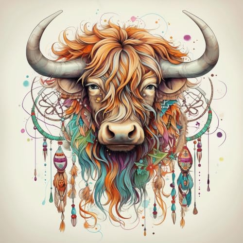 WANGXIAO Malen Nach Zahlen Erwachsene,DIY Handgemalt Ölgemälde Kit,inklusive Pinsel und Acrylfarben,40x40 cm,Bunter Traumfänger Highland Cow，,ohne Rahmen von WANGXIAO