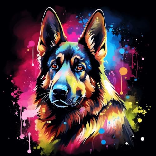 WANGXIAO Malen Nach Zahlen Erwachsene,DIY Handgemalt Ölgemälde Kit,inklusive Pinsel und Acrylfarben,40x40 cm,Graffiti Bunter Deutscher Schäferhund，,ohne Rahmen von WANGXIAO