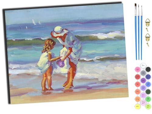 WANGXIAO Malen Nach Zahlen Erwachsene,DIY Handgemalt Ölgemälde Kit,inklusive Pinsel und Acrylfarben,40x50 cm,Mutter und Tochter am Strand,ohne Rahmen von WANGXIAO