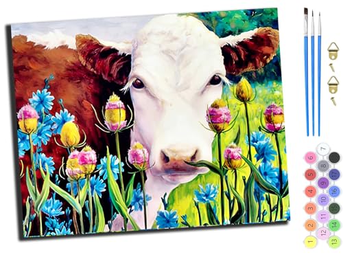 WANGXIAO Malen Nach Zahlen Erwachsene,DIY Handgemalt Ölgemälde Kit,inklusive Pinsel und Acrylfarben,40x50 cm,Tier Kuh und Blumen,mit Rahmen von WANGXIAO