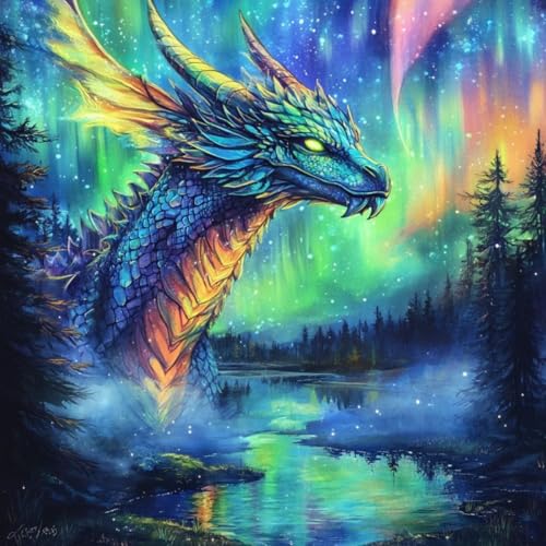 WANGXIAO Malen Nach Zahlen Erwachsene,DIY Ölgemälde Leinwand Kit mit Pinseln und Acrylfarbe für Home Haus Deko,40x40cm,Aurora-Drachengebrüll，,Mit Rahmen von WANGXIAO