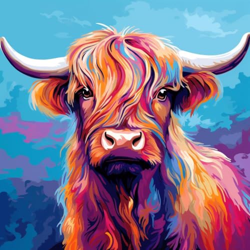 WANGXIAO Malen Nach Zahlen Erwachsene,DIY Ölgemälde Leinwand Kit mit Pinseln und Acrylfarbe für Home Haus Deko,40x40cm,Bunte Hochlandrinder，,ohne Rahmen von WANGXIAO