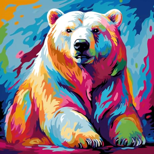 WANGXIAO Malen Nach Zahlen Erwachsene,DIY Ölgemälde Leinwand Kit mit Pinseln und Acrylfarbe für Home Haus Deko,40x40cm,Buntes Aurora-Eisbärtier，,ohne Rahmen von WANGXIAO