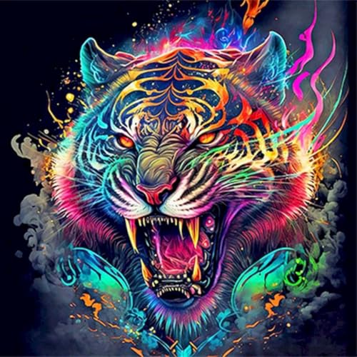 WANGXIAO Malen Nach Zahlen Erwachsene,DIY Ölgemälde Leinwand Kit mit Pinseln und Acrylfarbe für Home Haus Deko,40x40cm,Neon Tiger，,Mit Rahmen von WANGXIAO