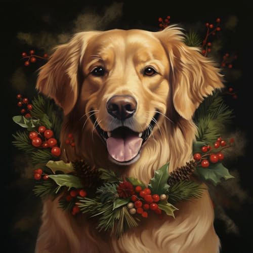 WANGXIAO Malen Nach Zahlen Erwachsene,DIY Ölgemälde Leinwand Kit mit Pinseln und Acrylfarbe für Home Haus Deko,40x40cm,Weihnachten Golden Retriever Hund，,Mit Rahmen von WANGXIAO