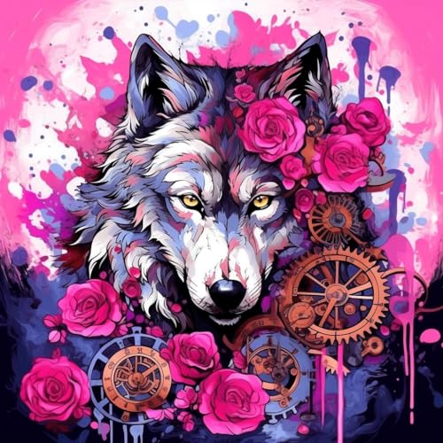 WANGXIAO Malen Nach Zahlen Erwachsene,DIY Ölgemälde Leinwand Kit mit Pinseln und Acrylfarbe für Home Haus Deko,40x40cm,bunte lila Wolfsrose, Steampunk ，,Mit Rahmen von WANGXIAO