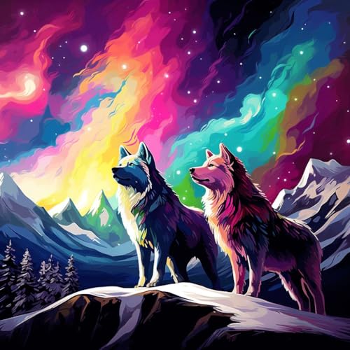 WANGXIAO Malen Nach Zahlen Erwachsene,DIY Ölgemälde Leinwand Kit mit Pinseln und Acrylfarbe für Home Haus Deko,40x40cm,bunter Wolf und Mond，,Mit Rahmen von WANGXIAO
