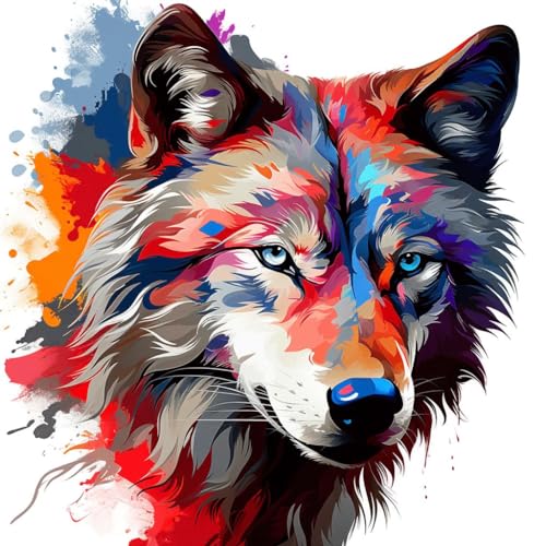 WANGXIAO Malen Nach Zahlen Erwachsene,DIY Ölgemälde Leinwand Kit mit Pinseln und Acrylfarbe für Home Haus Deko,40x40cm,wolf bunt graffiti tier，,Mit Rahmen von WANGXIAO