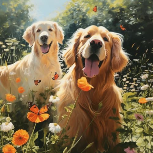 WANGXIAO Malen Nach Zahlen Erwachsene,DIY Ölgemälde Leinwand Kit mit Pinseln und Acrylfarbe für Home Haus Deko,40x40cm,zwei Golden Retriever Schmetterling und Blume，,Mit Rahmen von WANGXIAO