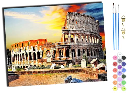 WANGXIAO Malen Nach Zahlen Erwachsene,DIY Ölgemälde Leinwand Kit mit Pinseln und Acrylfarbe für Home Haus Deko,50x40cm,Antikes Kolosseum in Rom, Italien,ohne Rahmen von WANGXIAO