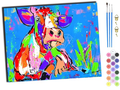 WANGXIAO Malen Nach Zahlen Erwachsene,DIY Ölgemälde Leinwand Kit mit Pinseln und Acrylfarbe für Home Haus Deko,50x40cm,Aquarell buntes Kuhtier,mit Rahmen von WANGXIAO