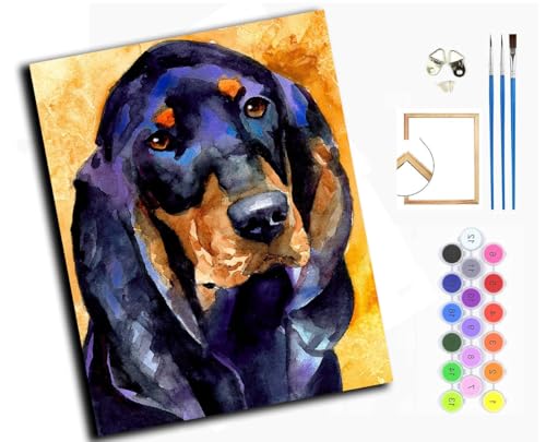WANGXIAO Malen Nach Zahlen Erwachsene,DIY Ölgemälde Leinwand Kit mit Pinseln und Acrylfarbe für Home Haus Deko,50x40cm,Black and Tan Coonhound, Tierhund,mit Rahmen von WANGXIAO