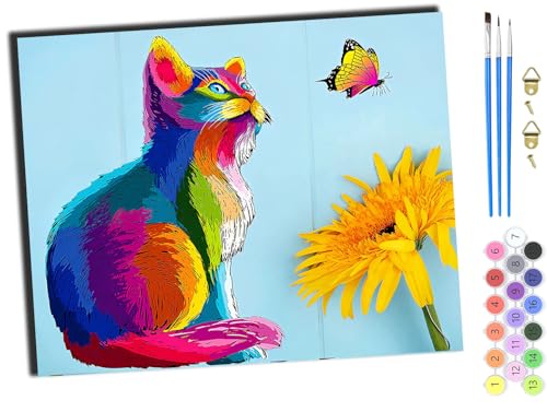 WANGXIAO Malen Nach Zahlen Erwachsene,DIY Ölgemälde Leinwand Kit mit Pinseln und Acrylfarbe für Home Haus Deko,50x40cm,Bunte Katze und Sonnenblumen,ohne Rahmen WANGXIAO Malen Nach Zahlen Erwachsene,DIY Ölgemälde Leinwand Kit mit Pinseln und Acrylfarbe für Home Haus Deko,50x40cm,Bunte Katze und Sonnenblumen,ohne Rahmen von WANGXIAO