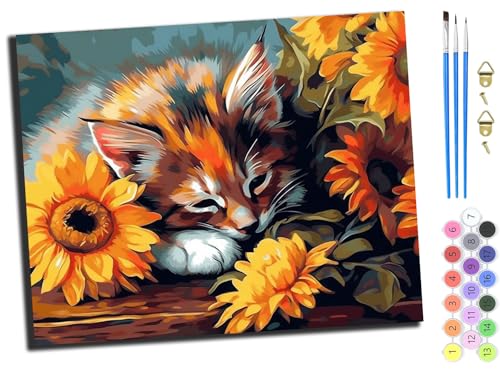 WANGXIAO Malen Nach Zahlen Erwachsene,DIY Ölgemälde Leinwand Kit mit Pinseln und Acrylfarbe für Home Haus Deko,50x40cm,Tier Katze Sonnenblume,mit Rahmen von WANGXIAO