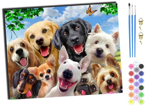 WANGXIAO Malen Nach Zahlen Erwachsene,DIY Ölgemälde Leinwand Kit mit Pinseln und Acrylfarbe für Home Haus Deko,50x40cm,TiereHundeFamilieGruppe,mit Rahmen von WANGXIAO