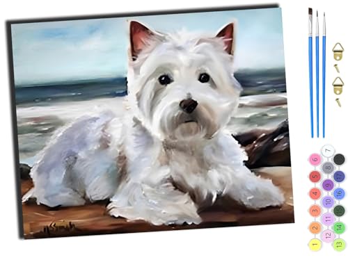 WANGXIAO Malen Nach Zahlen Erwachsene,DIY Ölgemälde Leinwand Kit mit Pinseln und Acrylfarbe für Home Haus Deko,50x40cm,weißTierHundBlätter,ohne Rahmen von WANGXIAO