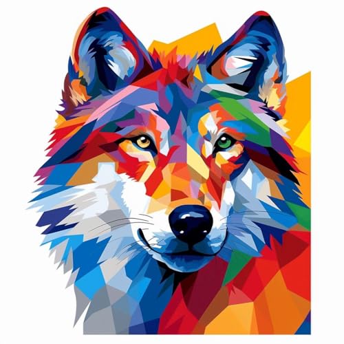 WANGXIAO Malen Nach Zahlen Erwachsene,DIY Ölgemälde Leinwand Set mit 3 Pinsel und Acrylpigment für Geburtstag Deko Geschenk,40x40 cm,wolf bunt graffiti tier，,Mit Rahmen von WANGXIAO