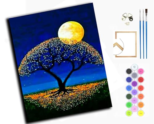 WANGXIAO Malen Nach Zahlen Erwachsene,DIY Ölgemälde Leinwand Set mit 3 Pinsel und Acrylpigment für Geburtstag Deko Geschenk,40x50 cm,MoTree-Landschaft,mit Rahmen von WANGXIAO