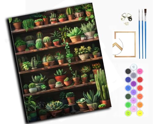 WANGXIAO Malen Nach Zahlen Erwachsene,DIY Ölgemälde Leinwand Set mit 3 Pinsel und Acrylpigment für Geburtstag Deko Geschenk,40x50 cm,Pflanzen-Bücherregal-Garten,mit Rahmen von WANGXIAO