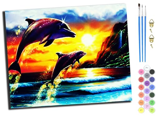 WANGXIAO Malen Nach Zahlen Erwachsene,DIY Ölgemälde Leinwand Set mit 3 Pinsel und Acrylpigment für Geburtstag Deko Geschenk,40x50 cm,Strand Sonnenuntergang Landschaft Delfine Tiere,ohne Rahmen von WANGXIAO