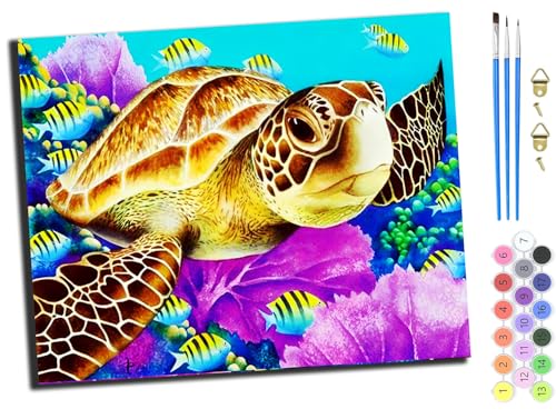 WANGXIAO Malen Nach Zahlen Erwachsene,DIY Ölgemälde Leinwand Set mit 3 Pinsel und Acrylpigment für Geburtstag Deko Geschenk,40x50 cm,Unterwasserwelt Schildkröte Tier,mit Rahmen von WANGXIAO