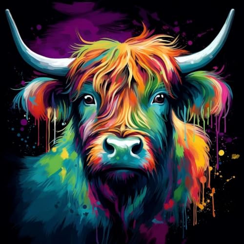 WANGXIAO Malen Nach Zahlen Erwachsene,DIY mit Pinseln und Acrylfarben Handgemalt Ölgemälde Leinwand für Home Decor,(40x40cm),Abstrakte Graffiti bunte Hochlandkuh，,ohne Rahmen von WANGXIAO
