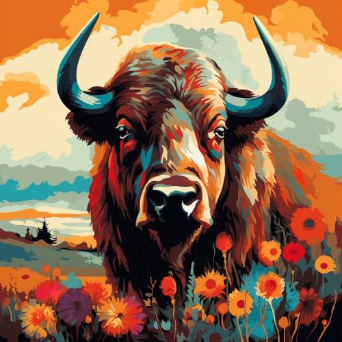 WANGXIAO Malen Nach Zahlen Erwachsene,DIY mit Pinseln und Acrylfarben Handgemalt Ölgemälde Leinwand für Home Decor,(40x40cm),Afrikanischer Büffel und Grasland，,ohne Rahmen von WANGXIAO