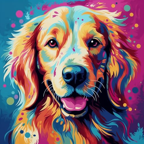 WANGXIAO Malen Nach Zahlen Erwachsene,DIY mit Pinseln und Acrylfarben Handgemalt Ölgemälde Leinwand für Home Decor,(40x40cm),Bunter Graffiti-Golden Retriever-Hund，,ohne Rahmen von WANGXIAO