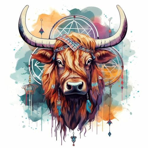 WANGXIAO Malen Nach Zahlen Erwachsene,DIY mit Pinseln und Acrylfarben Handgemalt Ölgemälde Leinwand für Home Decor,(40x40cm),Bunter Traumfänger Highland Cow，,ohne Rahmen von WANGXIAO