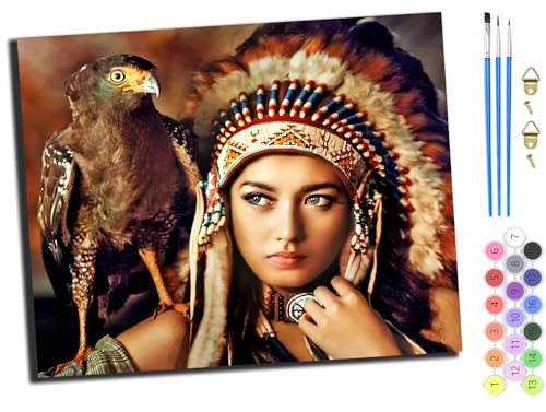 WANGXIAO Malen Nach Zahlen Erwachsene,DIY mit Pinseln und Acrylfarben Handgemalt Ölgemälde Leinwand für Home Decor,(40x50cm),Altmodisch, Amerikanisches Indianermädchen,ohne Rahmen von WANGXIAO
