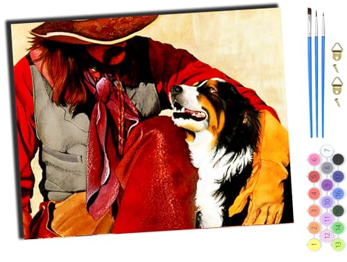 WANGXIAO Malen Nach Zahlen Erwachsene,DIY mit Pinseln und Acrylfarben Handgemalt Ölgemälde Leinwand für Home Decor,(40x50cm),Cowboy, Mann und Freund, Hund, Tier,ohne Rahmen von WANGXIAO