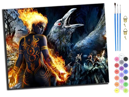 WANGXIAO Malen Nach Zahlen Erwachsene,DIY mit Pinseln und Acrylfarben Handgemalt Ölgemälde Leinwand für Home Decor,(40x50cm),Die Krähe und die Flamme,ohne Rahmen von WANGXIAO