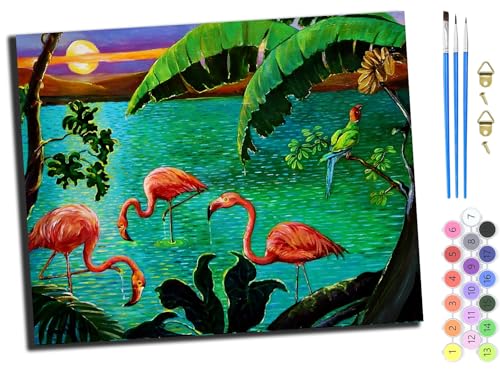 WANGXIAO Malen Nach Zahlen Erwachsene,DIY mit Pinseln und Acrylfarben Handgemalt Ölgemälde Leinwand für Home Decor,(40x50cm),Flamingos auf dem See in der Mondnacht,mit Rahmen von WANGXIAO