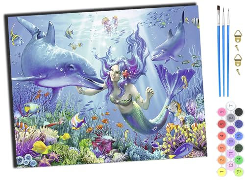WANGXIAO Malen Nach Zahlen Erwachsene,DIY mit Pinseln und Acrylfarben Handgemalt Ölgemälde Leinwand für Home Decor,(40x50cm),Unterwasser-Elfen-Meerjungfrau und süßer Delfin,ohne Rahmen von WANGXIAO