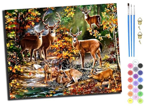 WANGXIAO Malen Nach Zahlen Erwachsene,DIY mit Pinseln und Acrylfarben Handgemalt Ölgemälde Leinwand für Home Decor,(40x50cm),Waldhirschfamilie,ohne Rahmen von WANGXIAO